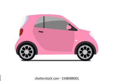 Car sharing logo, vector city micro pink car. Eco vehicle cartoon icon isolated on white background. Cartoon vector illustration with urban ecological transport. Cute vector smart car illustration.