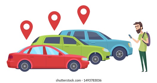 Car Sharing. Man Looking For Vehicle With Smartphone App. Rent Car Online