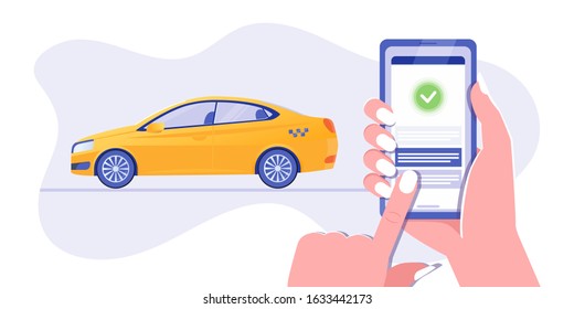 Car sharing, mobile app for booking taxi banner. Smartphone screen with city map navigation, mobile online payment by credit card.Smart city transportation. Online order yellow car service. 