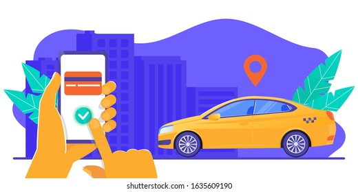 Car sharing, mobile app for booking taxi banner. Smartphone screen with city map navigation, mobile online payment by credit card.Smart city transportation. Online order yellow car service. 