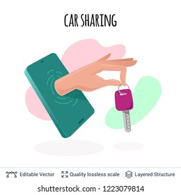Car sharing mobile app icon vector concept. Hand giving car key through smartphone screen.