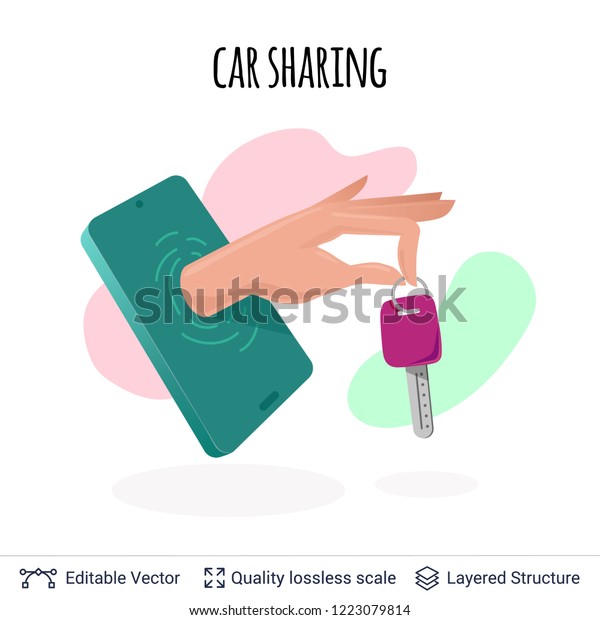 Car sharing mobile app icon vector\
concept. Hand giving car key through smartphone\
screen.