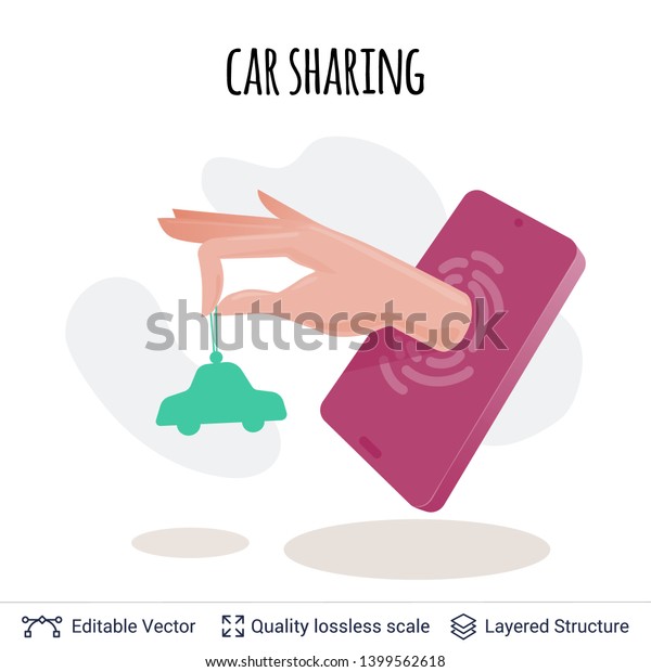 Car sharing mobile app icon vector
concept. Hand giving car through smartphone
screen.