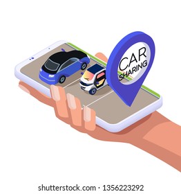 Car sharing mobile app. Isometric flat smart phone in human hand. Illustration on a white background