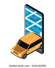 Car sharing mobile app isometric icon with smartphone and yellow automobile 3d vector illustration