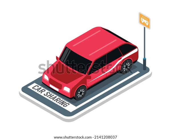 Car sharing mobile app isometric icon with\
red automobile 3d vector\
illustration