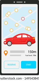 Car sharing mobile application. Phone screen with nearest car on the map. Buttons reserve and start. Carsharing information about the location and amount of fuel of a black automobile