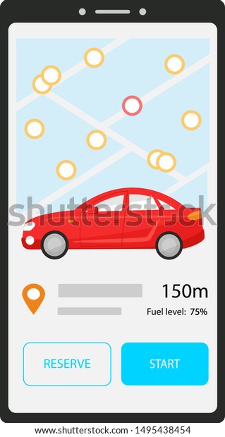 Car\
sharing mobile application. Phone screen with nearest car on the\
map. Buttons reserve and start. Carsharing information about the\
location and amount of fuel of a black\
automobile