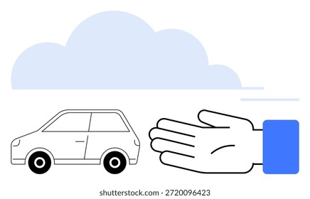 Coches compartidos, servicios de movilidad, sostenibilidad, transporte ecológico, soluciones ecológicas, viajes compartidos. Gráfico minimalista de un coche, una mano y una nube. Tema de los servicios de coche compartido y movilidad