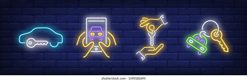 Car sharing neon sign set. Giving key, vehicle, smartphone app. Vector illustration in neon style, bright banner for topics like city transport, buying, service