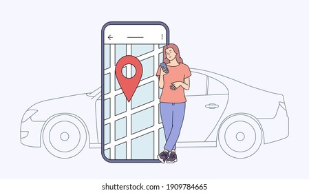 Uso compartido de coches y concepto de aplicación en línea. Joven cerca de la pantalla del smartphone con ruta y punto de ubicación en un mapa de la ciudad con fondo de auto. Ilustración vectorial plana