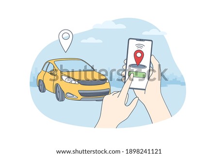Car sharing and online application concept. Human hands holding smartphone with application of autonomous wireless parking remote connected car sharing service vector illustration