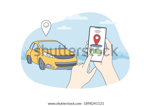 Car\
sharing and online application concept. Human hands holding\
smartphone with application of autonomous wireless parking remote\
connected car sharing service vector\
illustration