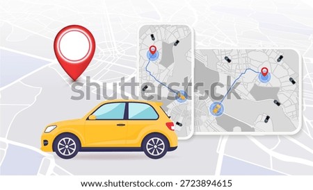 Car Sharing and Online Ordering Mobile App Concept, GPS Navigation and Location Tracking on Smartphone Map, Urban Transportation and Ride Sharing Service Vector Illustration