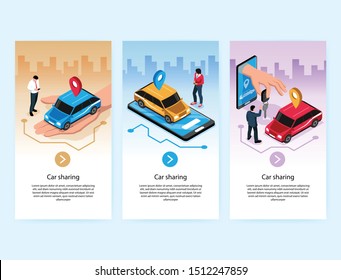 Car sharing online service symbols 3 isometric vertical web banners with auto on mobile screen vector illustration 