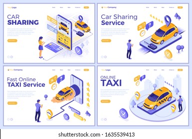 Car sharing and online taxi landing page templates. Man and girl online choose car for carsharing or taxi. Auto rental, carpool, shared through mobile application. Isometric vector illustration