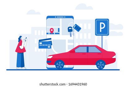 Car sharing and online taxi service concept. Mobile application for renting a car and calling a taxi. Vector illustration.