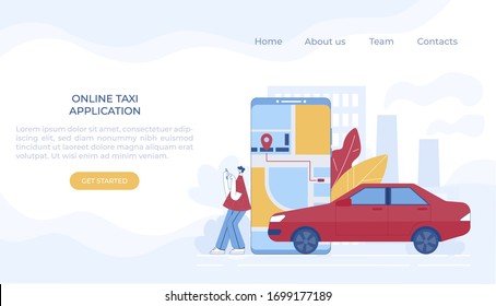 Car sharing and online taxi service concept. Mobile application for renting a car and calling a taxi. Vector illustration. Landing page.