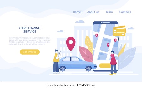 Car sharing and online taxi service concept. Mobile application for renting a car and calling a taxi. Vector illustration. Landing page.