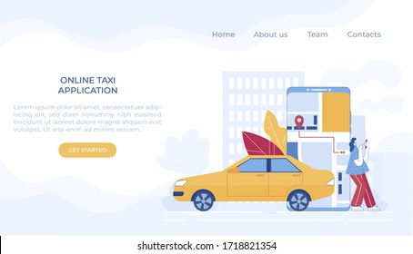 Car sharing and online taxi service concept. Mobile application for renting a car and calling a taxi. Vector illustration. Landing page.