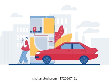 Car sharing and online taxi service concept. Mobile application for renting a car and calling a taxi. Vector illustration.