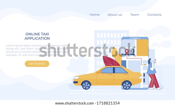 Car sharing and online taxi service concept. Mobile\
application for renting a car and calling a taxi. Vector\
illustration. Landing\
page.