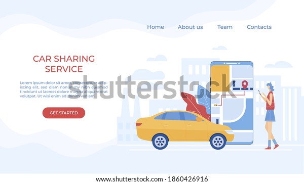 Car sharing and online\
taxi service concept. Mobile application for renting a car and\
calling a taxi. Vector illustration. Woman near smartphone with map\
using app.