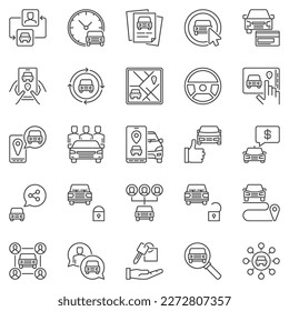Juego de iconos de contorno para uso compartido de automóviles - Compartir señales vectoriales de concepto en el estilo de línea delgada