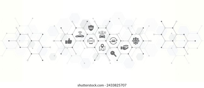 car sharing car pooling and ride sharing banner with the website icons and symbol of car share ride share WIFI protection vector illustration with technology background