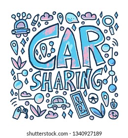 Car sharing poster. Hand lettering with symbols. Vector illustration.