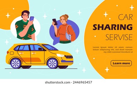 Car sharing poster. Man and woman with smartphones ordering transport. Mobile application for orders automobile. Urban infrastructure. Landing webpage design. Cartoon flat vector illustration