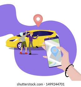 Car sharing and rent auto service. Vector car service transportation, auto rent transport, carsharing illustration company