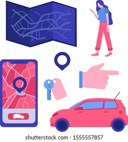 Car sharing. Rent car online business, rental service. People Characters Using Car Sharing Service for City Transportation. Modern Auto Rental and Shared Mobility Concept. Vector Illustration. Web