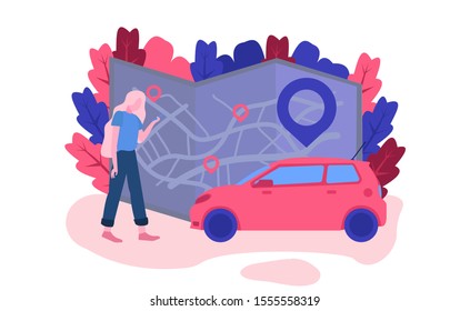 Car sharing. Rent car online business, rental service. People Characters Using Car Sharing Service for City Transportation. Modern Auto Rental and Shared Mobility Concept. Vector Illustration. Web