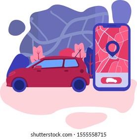 Car sharing. Rent car online business, rental service. People Characters Using Car Sharing Service for City Transportation. Modern Auto Rental and Shared Mobility Concept. Vector Illustration. Web 