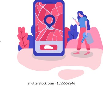 Car sharing. Rent car online business, rental service. People Characters Using Car Sharing Service for City Transportation. Modern Auto Rental and Shared Mobility Concept. Vector Illustration. Web