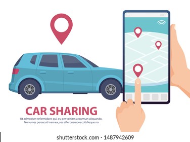 Car sharing. Rent car online mobile app web page concept. Vector find vehicle on map illustration. Blue automobile, smartphone, hands