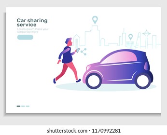 Car sharing and rent service advertising web page template. A man with a smartphone standing near the car. Modern landing page for mobile app. Business website concept.On-line rent 