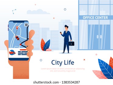 Car Sharing and Rent Service Advertising Web Page Template Banner. Businessman with Smartphone with Mobile App. Online Rent Vector Illustration. Boy Standing near Office Center. Hand with Map.