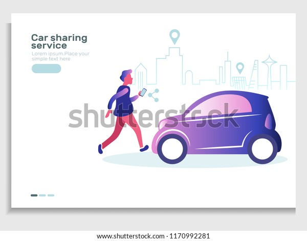 Car sharing\
and rent service advertising web page template. A man with a\
smartphone standing near the car. Modern landing page for mobile\
app. Business website concept.On-line rent\
