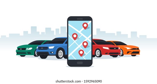 Car sharing and rent service. Online ordering for smartphone. Mobile app ordering automobile vehicle with location marks rent cars sharing. Flat vector illustration.