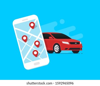 Car sharing and rent service. Online ordering for smartphone. Mobile app ordering automobile vehicle with location mark rent car sharing. Flat vector illustration.