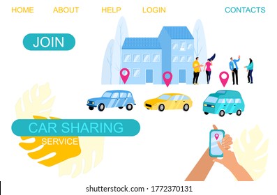 Car sharing and rent service,online ordering taxi concept for website.Hands holding smartphone, location mark of car.Vector flat banner of wireless parking. People searching transport using mobile app