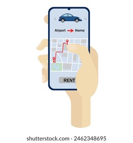 Car sharing, car rental. Mobile phone in hand, on the screen there is a map with car selection and route planning. Front view. Concept illustration of car rental app, business. flat style
