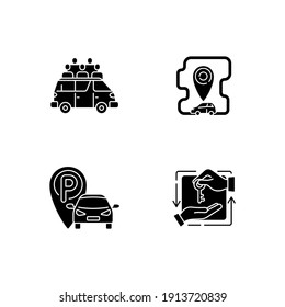 Car Sharing And Rental Service Black Glyph Icons Set On White Space. Share Taxi Services For Many People. Roundtrip Carsharing Facility. Silhouette Symbols. Vector Isolated Illustration