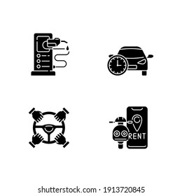 Car sharing and rental service black glyph icons set on white space. Rent car by hour to use freely. Scooter renting services with free access. Silhouette symbols. Vector isolated illustration
