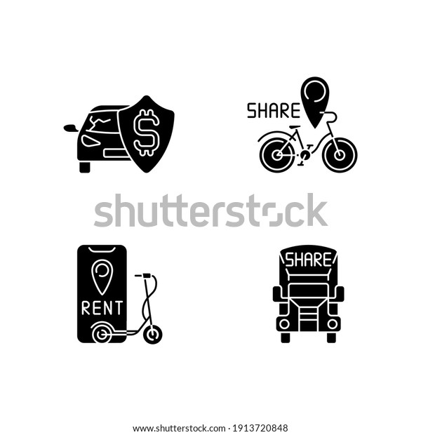 Car sharing and rental service black glyph\
icons set on white space. Insurance fee protection from financial\
loss. Bicycle sharing system. Silhouette symbols. Vector isolated\
illustration