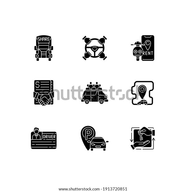 Car
sharing and rental service black glyph icons set on white space.
Getting cars and trucks for long or short term from another people.
Silhouette symbols. Vector isolated
illustration
