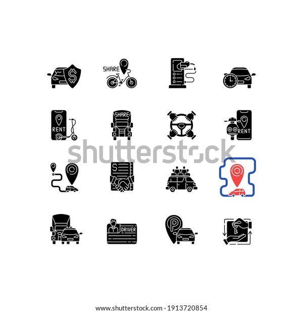 Car sharing and rental service black glyph\
icons set on white space. One way carsharing for everybody. Parking\
area for different vehicles. Silhouette symbols. Vector isolated\
illustration
