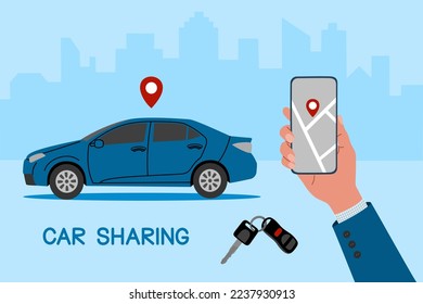 Car sharing or car rental service concept. Hand holds smartphone with route and point location on a city map, blue modern car and car keys. Flat vector illustration isolated on blue background.